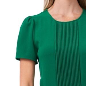 CeCe Women's Pintucked Front Short Sleeve Crew Neck Blouse, Lush Green, XL